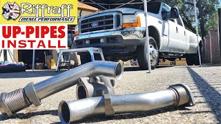 2001 F350 73  RiffRaff UpPipes Install  Stock up pipes leaking and falling apart JUNK SP [upl. by Kenric]